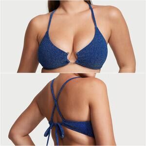 NWT Victoria's Secret Swim Shimmer Bralette Bikini Top Blue Gold Ring Size XS